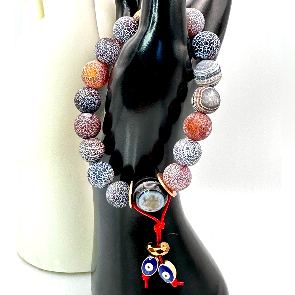 Blue Red Cracked Agate + Evil Eye Agate Natural Stones Bracelet 7”